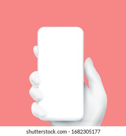 Silueta de mano blanca sujetando un smartphone con pantalla blanca en blanco. Parodia de smartphone con visión vectorial realista. Vector toma 10 ilustraciones.