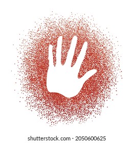 White hand silhouette on a red paint spot. Design inspired by  paleolithic art (vector ghraphics).