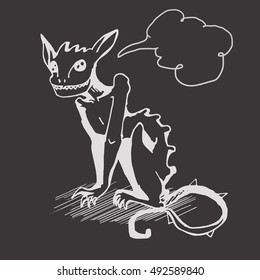 White hand sketched monster  with frame for text on black background