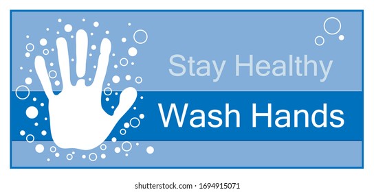 White hand in soap bubbles on a blue background and the inscription wash hands