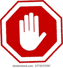 A white hand symbol is centered on a red octagonal stop sign with a textured, chalky white border.