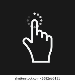 White Hand Tap Icon with Circular Dotted Activation on Black Background, Minimalist Touch Gesture Symbol for UI Interaction, Screen Press, and Digital Interface Design