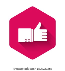 White Hand thumb up icon isolated with long shadow. Pink hexagon button. Vector Illustration