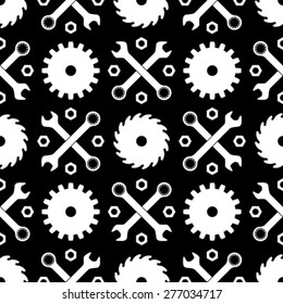 White hand tools and machine parts seamless pattern on a black background, vector illustration eps 8