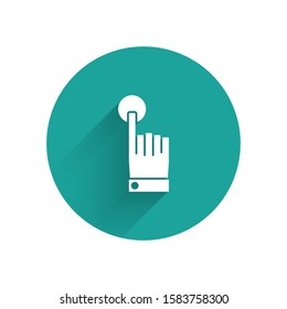 White Hand touch and tap gesture icon isolated with long shadow. Click here, finger, touch, pointer, cursor, mouse symbol. Green circle button. Vector Illustration