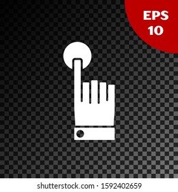 White Hand touch and tap gesture icon isolated on transparent dark background. Click here, finger, touch, pointer, cursor, mouse symbol.  Vector Illustration
