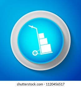 White Hand truck and boxes icon isolated on blue background. Dolly symbol. Circle blue button with white line. Vector Illustration