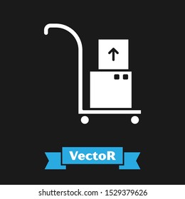 White Hand truck and boxes icon isolated on black background. Dolly symbol.  Vector Illustration