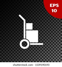 White Hand truck and boxes icon isolated on transparent dark background. Dolly symbol.  Vector Illustration