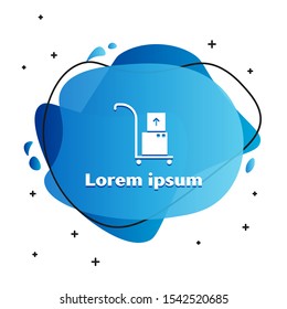 White Hand truck and boxes icon isolated on white background. Dolly symbol. Abstract banner with liquid shapes. Vector Illustration