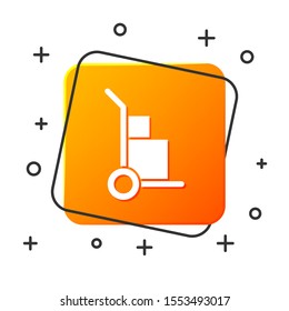 White Hand truck and boxes icon isolated on white background. Dolly symbol. Orange square button. Vector Illustration