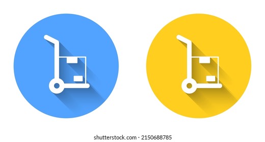 White Hand truck and boxes icon isolated with long shadow background. Dolly symbol. Circle button. Vector