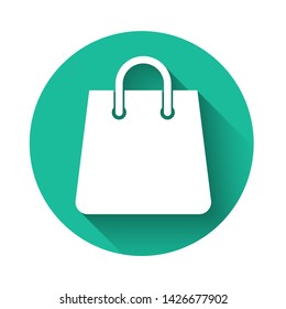 White Handbag icon isolated with long shadow. Shoping bag sign. Woman bag icon. Female handbag sign. Glamour casual baggage. Green circle button. Vector Illustration