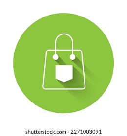 White Handbag icon isolated with long shadow background. Female handbag sign. Glamour casual baggage symbol. Green circle button. Vector