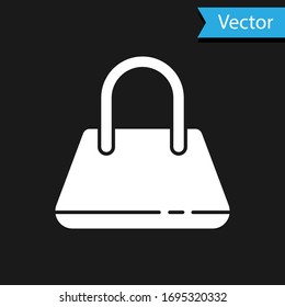 Icono del Bolso Blanco aislado en fondo negro. Cartel de un bolso de mano para mujeres. Símbolo de equipaje casual de glamour. Ilustración vectorial