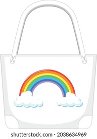 A white handbag with rainbow pattern illustration