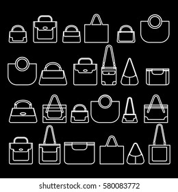 White handbags of various shapes, placed in rows on the black background. Trendy line style. Vector illustration