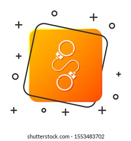 White Handcuffs icon isolated on white background. Orange square button. Vector Illustration