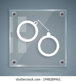 White Handcuffs icon isolated on grey background. Square glass panels. Vector Illustration