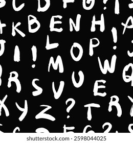 White Hand-Drawn Alphabet, Playful Pattern on Black