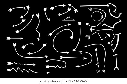 Weißer, handgezeichneter Pfeil auf schwarzem Hintergrund . Abstrakte richtungsabhängige Doodle-Vektorgrafik