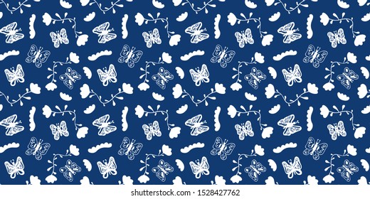 White hand-drawn butterflies, abstract flowers and shapes on a blue background. Seamless pattern. Vector.