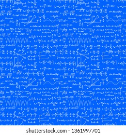 A lot of white hand-drawn complicated scientific formulas and calculations on blueprint plane, seamless pattern on white