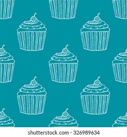 White Hand-drawn Cup Cake Outline Pattern on Blue Background - Hand Drawn Doodle Seamless Pattern - Vector Illustration