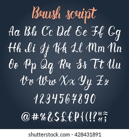 White handdrawn latin calligraphy brush script with numbers and symbols. Calligraphic alphabet. Vector illustration