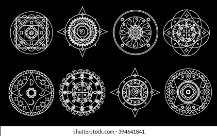 White hand-drawn mandala set on black background - scalable vector illustration, set of mandala vector ornament, mandala for coloring, mandala icon, mandala stamp, collection of arabic mandalas 