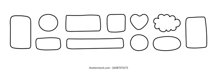 White hand-drawn rectangles, circles, heart, cloud shapes with black outlines. Minimalist doodle style collection of textbox frames.