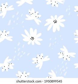 Flores blancas de simole dibujadas a mano sobre fondo azul claro. Material para tejidos y diseño textil, papel de envoltura. Patrón sin inconvenientes con elementos abstractos. Gráficos vectoriales simples y minimalistas