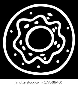 White hand-drawn vector illustration of one round donut isolated on a black background