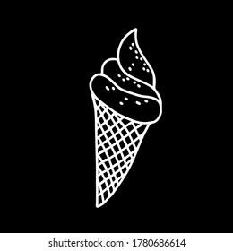 White hand-drawn vector illustration of One fresh cold ice cream in a waffle cone with caramel sprinkles isolated on a black background