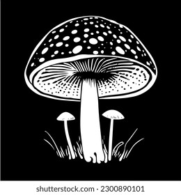 A White hand-drawn vector illustration of One fresh mushroom Fly agaric isolated on a black background