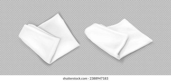 White handkerchief mockup - empty folded cotton or silk fabric napkin or kitchen towel. Realistic vector set of microfiber dishcloth or picnic plaid. Template of blank blanket or cloth serviette.