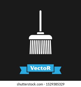 White Handle broom icon isolated on black background. Cleaning service concept.  Vector Illustration