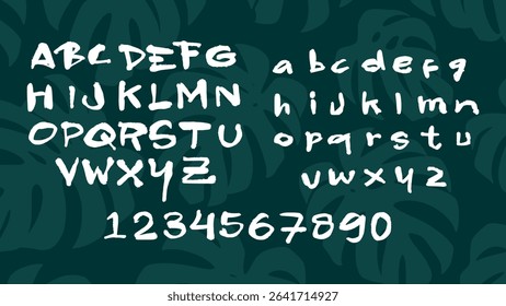 White hand-painted letters and numbers on dark blue and light blue background with monstera leaf. Artistic vector font with tropical and expressive brush style.