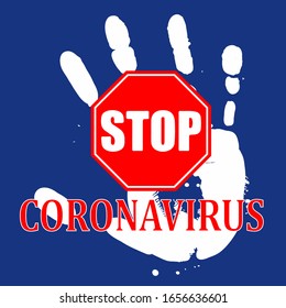 White handprint on a blue background, stop coronavirus sign. Concept of coronavirus quarantine. Vector illustration.