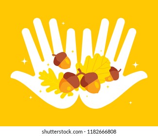 White hands with acorns and oak leaf. Autumn is coming. Vector illustration on a theme of autumn.