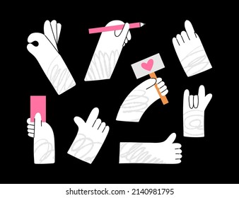 White hands. Cartoon arms shows different gestures signs, hold pencil, card and smartphone, pointing and thumbs up, modern style, vector doodle isolated on black set