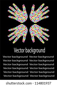 White hands with colorful flowers on a black background with space for text