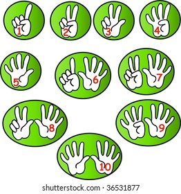 White hands counting from 1 to 10 with fingers and red numbers in green bubbles icon vectors