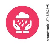 White hands are cupped below a cloud with falling raindrops, set against a bright pink circular background, representing water, nature, and protection.