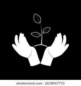 white hands holding aand white tree plant silhouette illustration