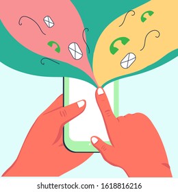white hands are holding a smartphone with an open contact page.  calls and sms to friends, acquaintances.  stock vector illustration.  flat.  ringing, work at home, communication