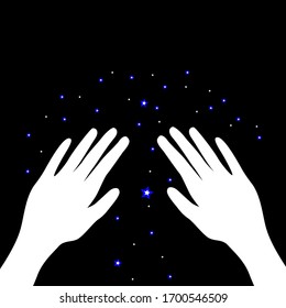 White hands on a black, starry sky. Hands creating magic. Vector illustration.