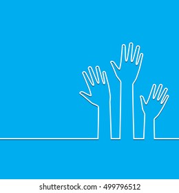White hands up on blue background. Vote and election background. Volunteer background.