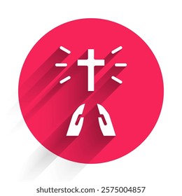 White Hands in praying position icon isolated with long shadow. Prayer to god with faith and hope. Red circle button. Vector