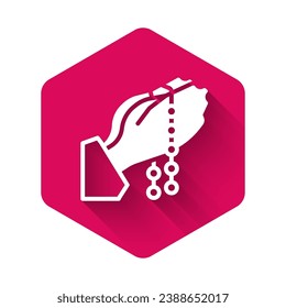 White Hands in praying position with rosary icon isolated with long shadow background. Praying hand islam muslim religion spirituality religious. Pink hexagon button. Vector